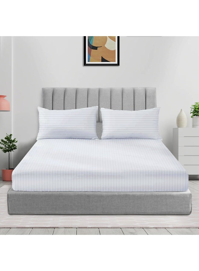 ARISTOCRAT 3 Pieces Stripe Fitted Sheet Set - 120x200+17cm - White Microfiber White 120x200+17cm  - Image 1