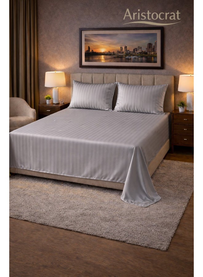 ARISTOCRAT 3‑Piece Striped Microfiber Flat Bed Sheet Set, suitable for Queen and King sizes,  220x240cm – Soft Breathable Flat Sheet with 2 Pillowcases 50x70cm, Silver Microfiber Silver 220x240cm - Image 1