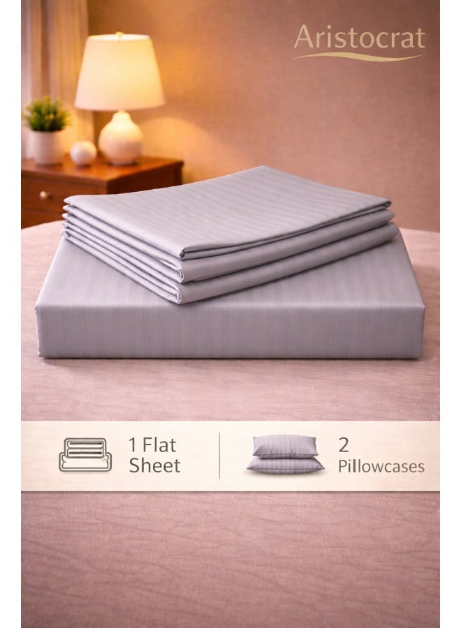 ARISTOCRAT 3‑Piece Striped Microfiber Flat Bed Sheet Set, suitable for Queen and King sizes,  220x240cm – Soft Breathable Flat Sheet with 2 Pillowcases 50x70cm, Silver Microfiber Silver 220x240cm - Image 2