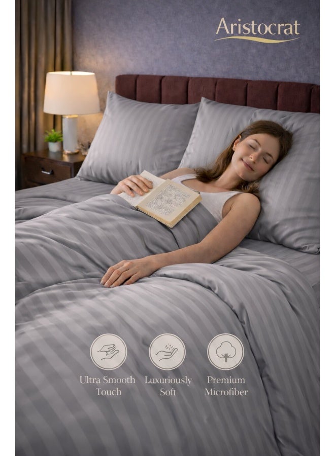 ARISTOCRAT 3‑Piece Striped Microfiber Flat Bed Sheet Set, suitable for Queen and King sizes,  220x240cm – Soft Breathable Flat Sheet with 2 Pillowcases 50x70cm, Silver Microfiber Silver 220x240cm - Image 3