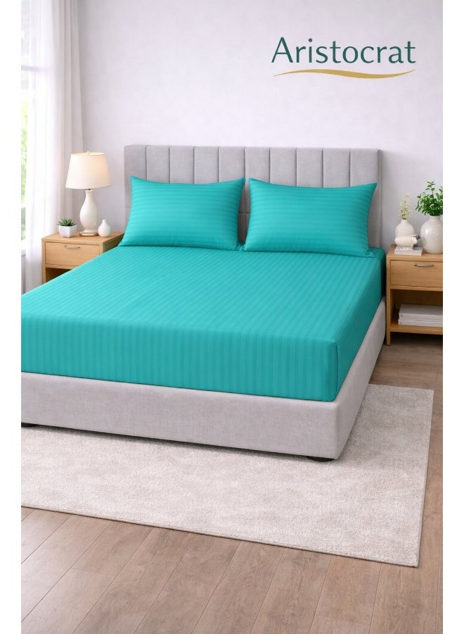 ARISTOCRAT 3-Piece Striped Microfiber Fitted Sheet Set Queen 150x200cm – Soft Elastic Deep Pocket 17cm Bedsheet with 2 Pillowcases 50x70cm, Teal Microfiber Teal 150X200+17cm - Image 1
