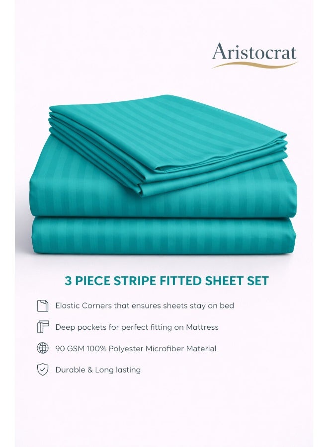 ARISTOCRAT 3-Piece Striped Microfiber Fitted Sheet Set Queen 150x200cm – Soft Elastic Deep Pocket 17cm Bedsheet with 2 Pillowcases 50x70cm, Teal Microfiber Teal 150X200+17cm - Image 2