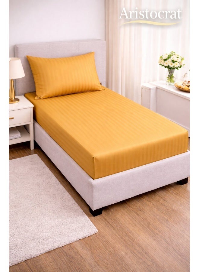 ARISTOCRAT 2-Piece Striped Microfiber Fitted Sheet Set Single 90x200cm – Soft Elastic Deep Pocket 17cm Bedsheet with 1 Pillowcase 50x70cm, Gold Microfiber Gold Single - Image 1