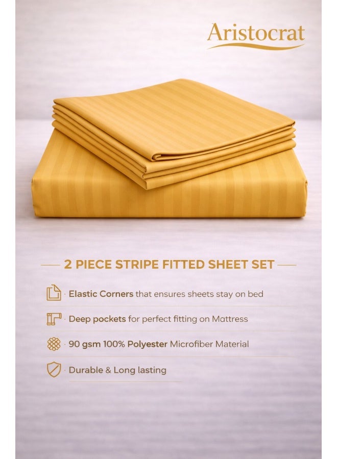 ARISTOCRAT 2-Piece Striped Microfiber Fitted Sheet Set Single 90x200cm – Soft Elastic Deep Pocket 17cm Bedsheet with 1 Pillowcase 50x70cm, Gold Microfiber Gold Single - Image 2
