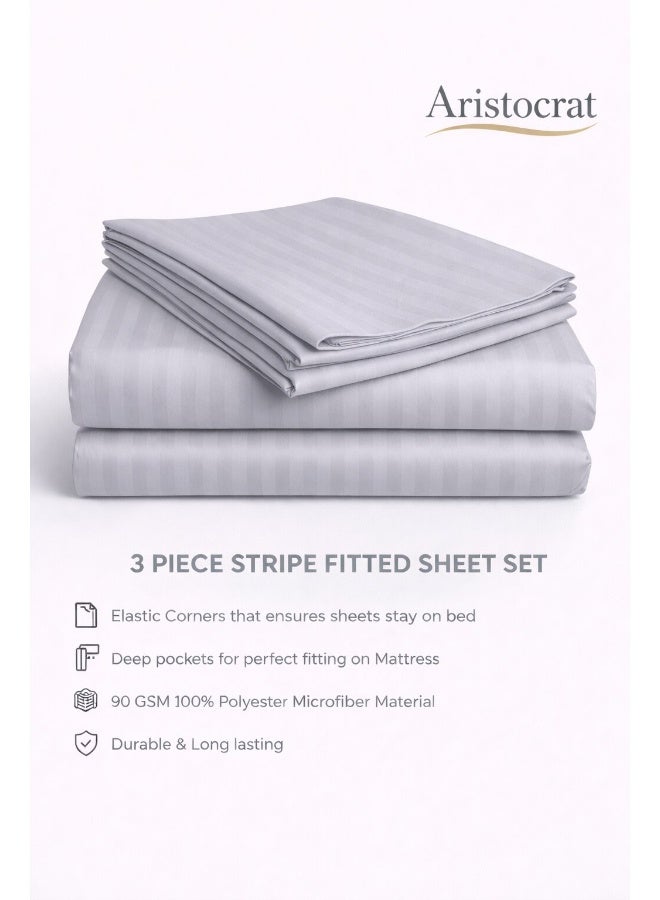 ARISTOCRAT 3-Piece Striped Microfiber Fitted Sheet Set King 180x200cm – Soft Elastic Deep Pocket 17cm Bedsheet with 2 Pillowcases 50x70cm, Silver Microfiber Silver 180X200+17cm - Image 2