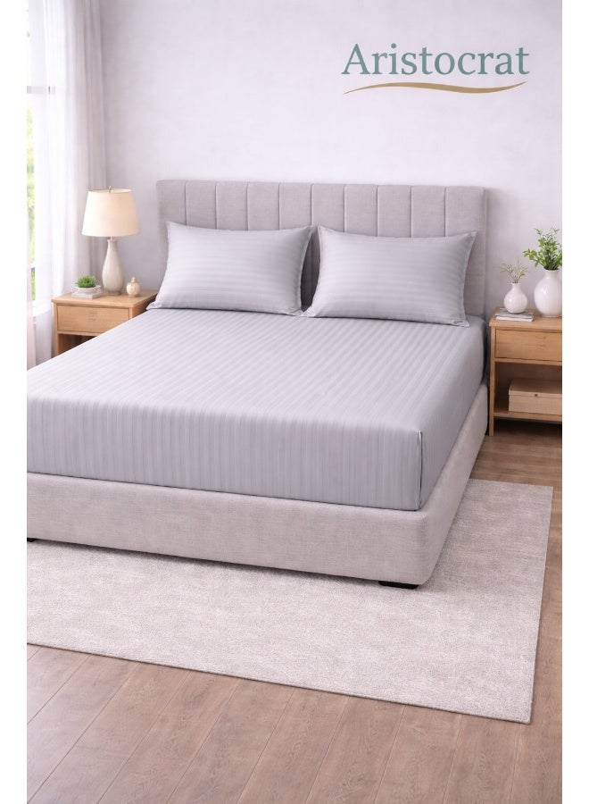 ARISTOCRAT 3-Piece Striped Microfiber Fitted Sheet Set King 180x200cm – Soft Elastic Deep Pocket 17cm Bedsheet with 2 Pillowcases 50x70cm, Silver Microfiber Silver 180X200+17cm - Image 1