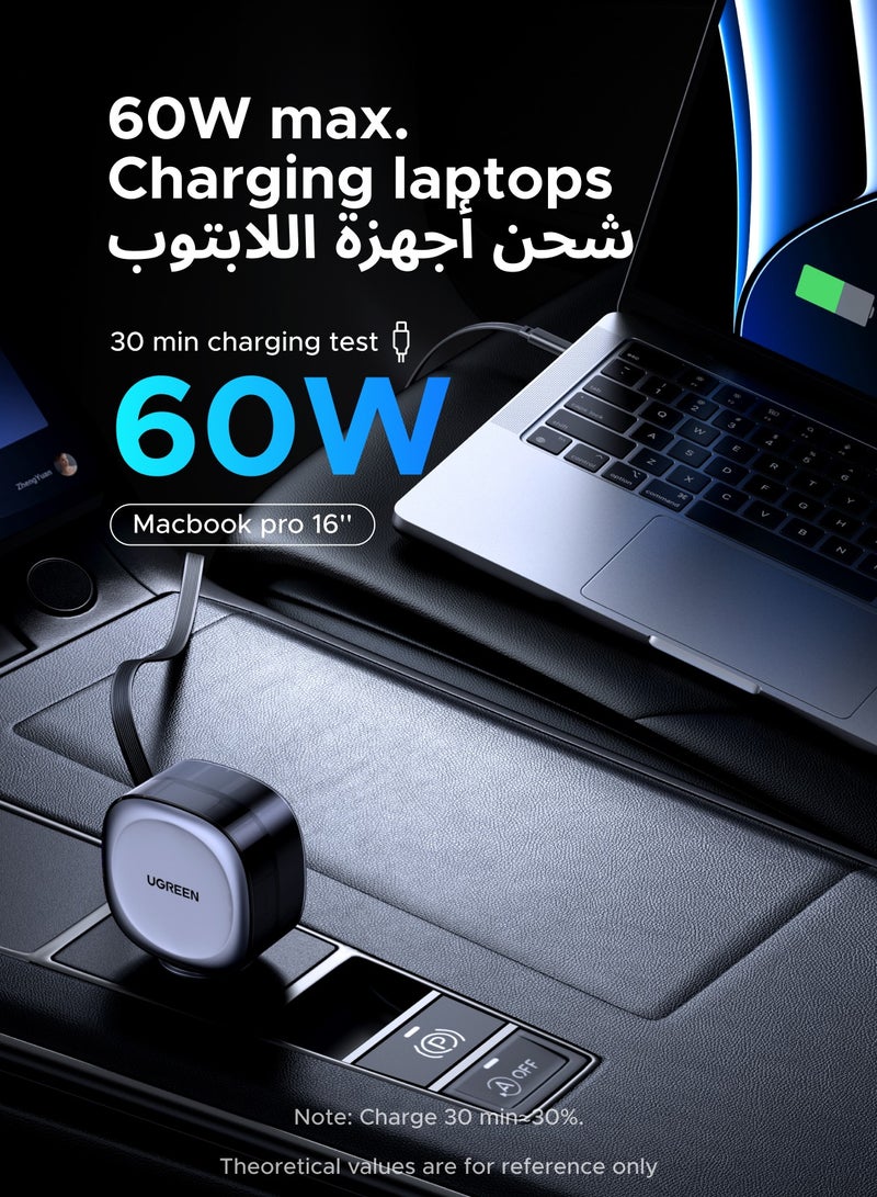 Ugreen 75W Car Charger Adapter USB Type C With 0.75M Retractable Cable With 2C1A Ports Tangle-Free Fast Charging, Fireproof PC Material Compatible With Macbook Pro Air, iPad, iPhone, Galaxy,Xiaomi Black  - Image 4