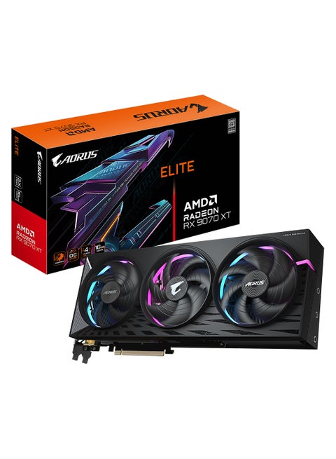 AORUS Radeon RX 9070 XT ELITE 16G Graphics Card – 3100MHz Boost, 16GB GDDR6 256-Bit, 20Gbps Memory, PCIe 5.0, 4096 Stream Processors, DP 2.1a ×2, HDMI 2.1b ×2, Triple-Fan WINDFORCE Cooling, RGB Halo, Dual BIOS, DirectX 12, OpenGL 4.6, ATX Form | GV-R9070XTAORUS E-16GD