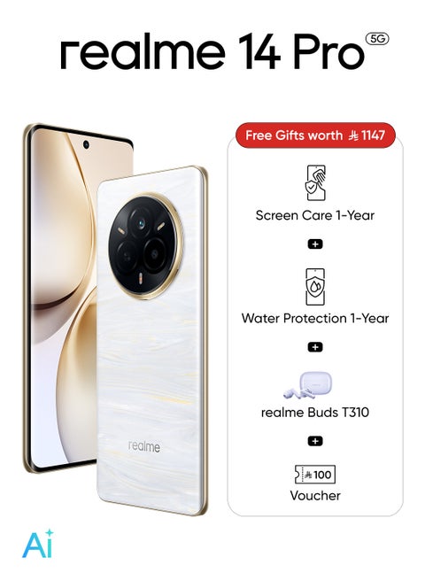 14 Pro AI Dual SIM Pearl White 12GB RAM 256GB 5G - Middle East Version With Realme Buds