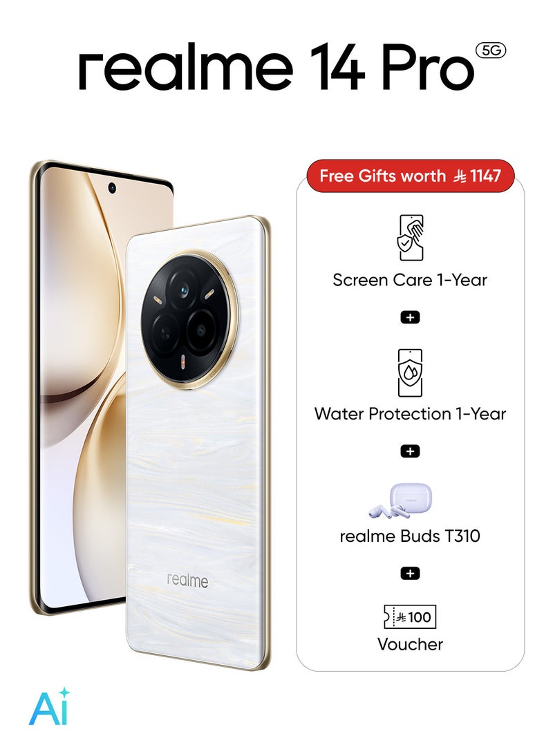 realme - 14 Pro AI Dual SIM Pearl White 12GB RAM 256GB 5G - Middle East Version With Realme Buds - Image 1