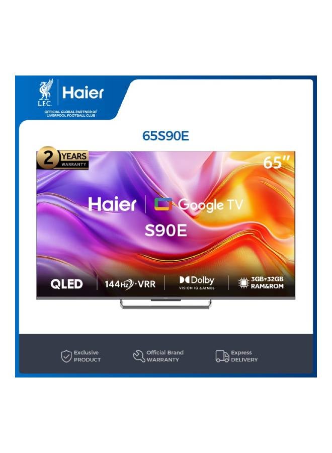 Haier 65 Inch 4K QLED Smart Google TV-Gaming 144 Hz-MEMC/VRR/ALLM 3+32GB RAM/ROM-Hands Free Voice Control H65S90EU black
