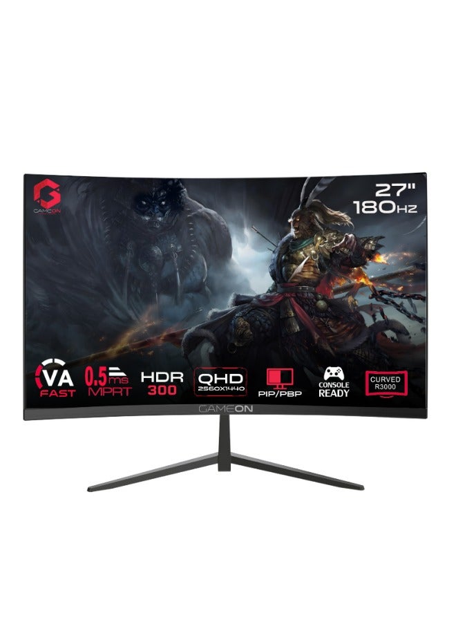GameOn 27" Inch Curved Gaming Monitor, QHD VA Panel (2560x1440) Display Resolution, 180Hz Refresh Rate, 0.5ms MPRT Response Time, HDMI 2.1 - GOC27Q180VA | Black  - Image 1