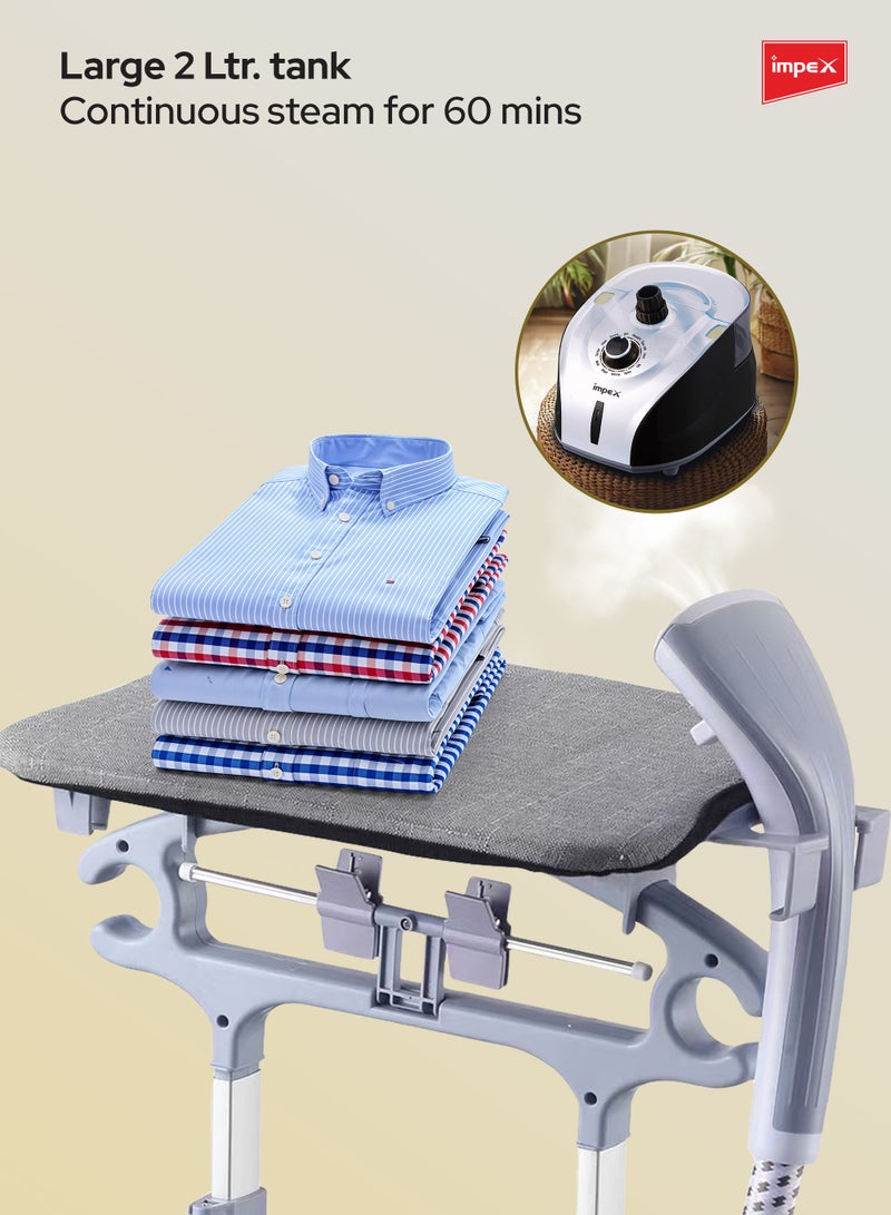 إمبكس Garment Steamer with Table, 2L Water Tank, 60 Min Continuous Steam, Fast 38s Heat-Up, 32g/min Steam Output, Hand Brush Included – Powerful Vertical Clothes Steamer for Home & Professional Use 2 L 1950 W GSM 6016 Black & White  - Image 3