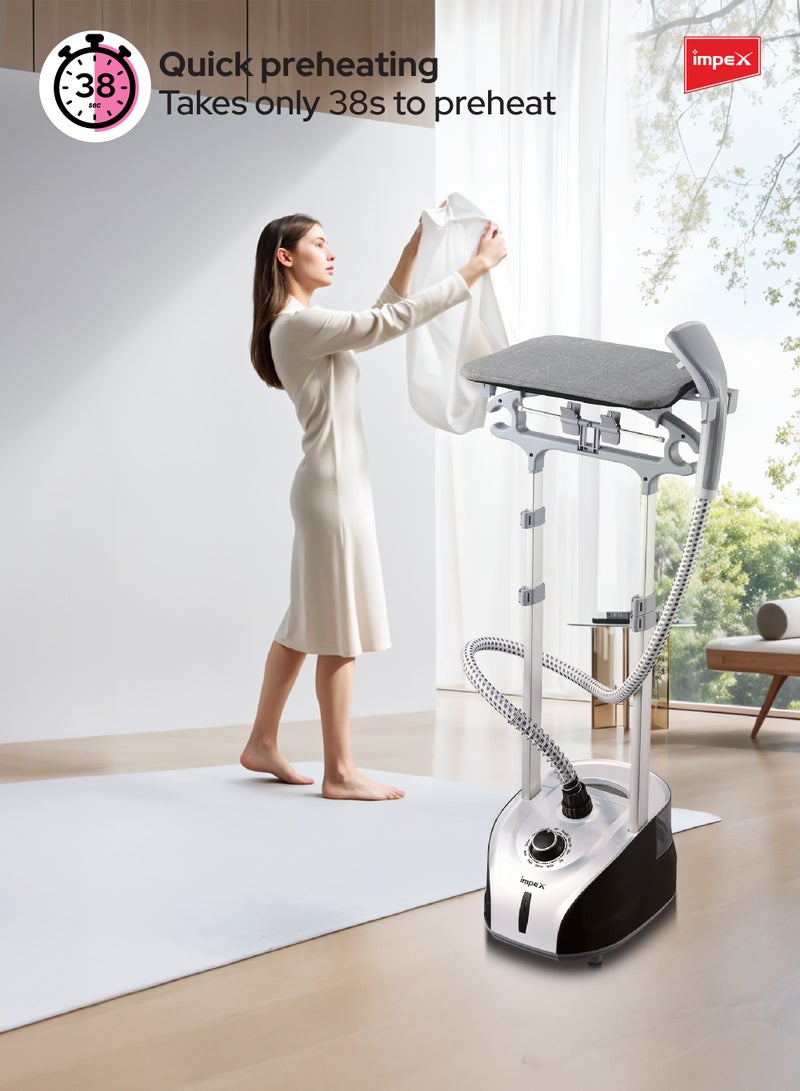 Garment Steamer with Table, 2L Water Tank, 60 Min Continuous Steam, Fast 38s Heat-Up, 32g/min Steam Output, Hand Brush Included – Powerful Vertical Clothes Steamer for Home & Professional Use 2 L 1950 W GSM 6016 Black & White