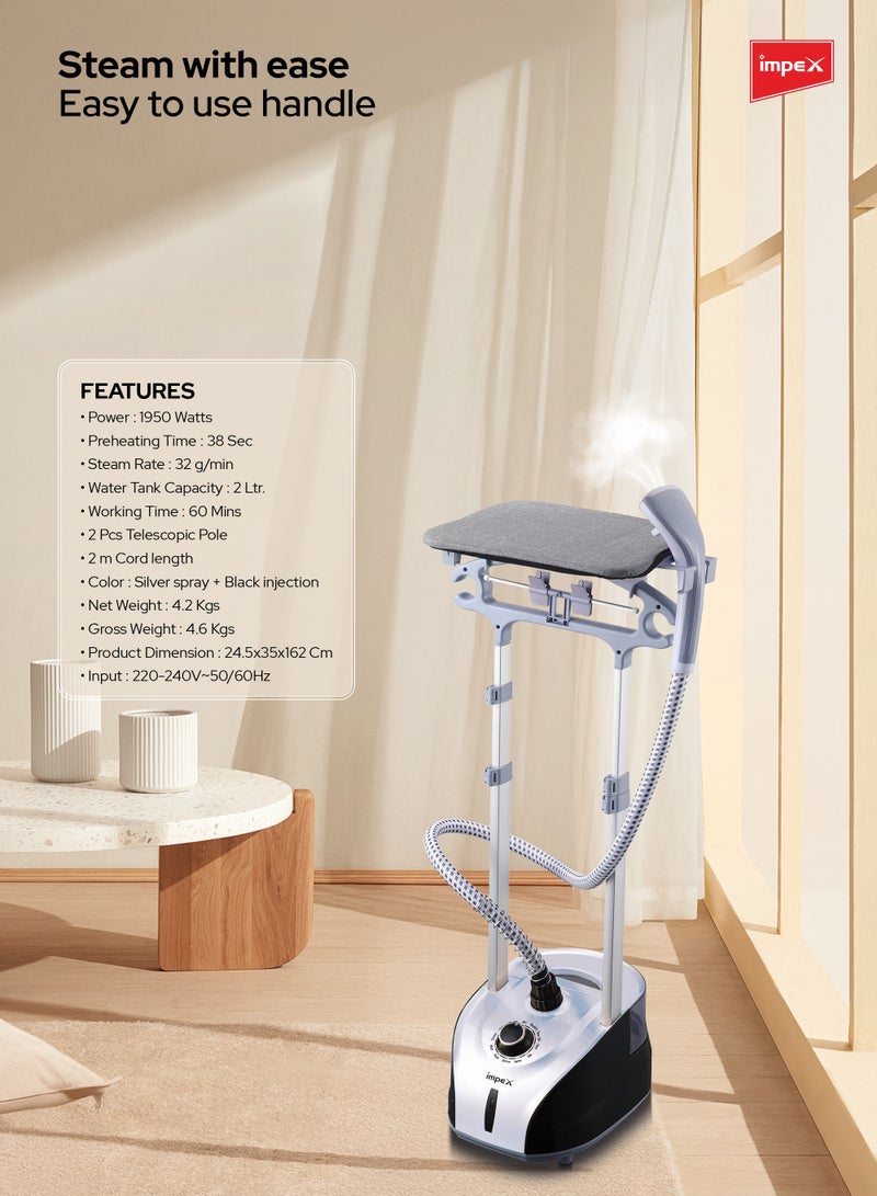 Garment Steamer with Table, 2L Water Tank, 60 Min Continuous Steam, Fast 38s Heat-Up, 32g/min Steam Output, Hand Brush Included – Powerful Vertical Clothes Steamer for Home & Professional Use 2 L 1950 W GSM 6016 Black & White