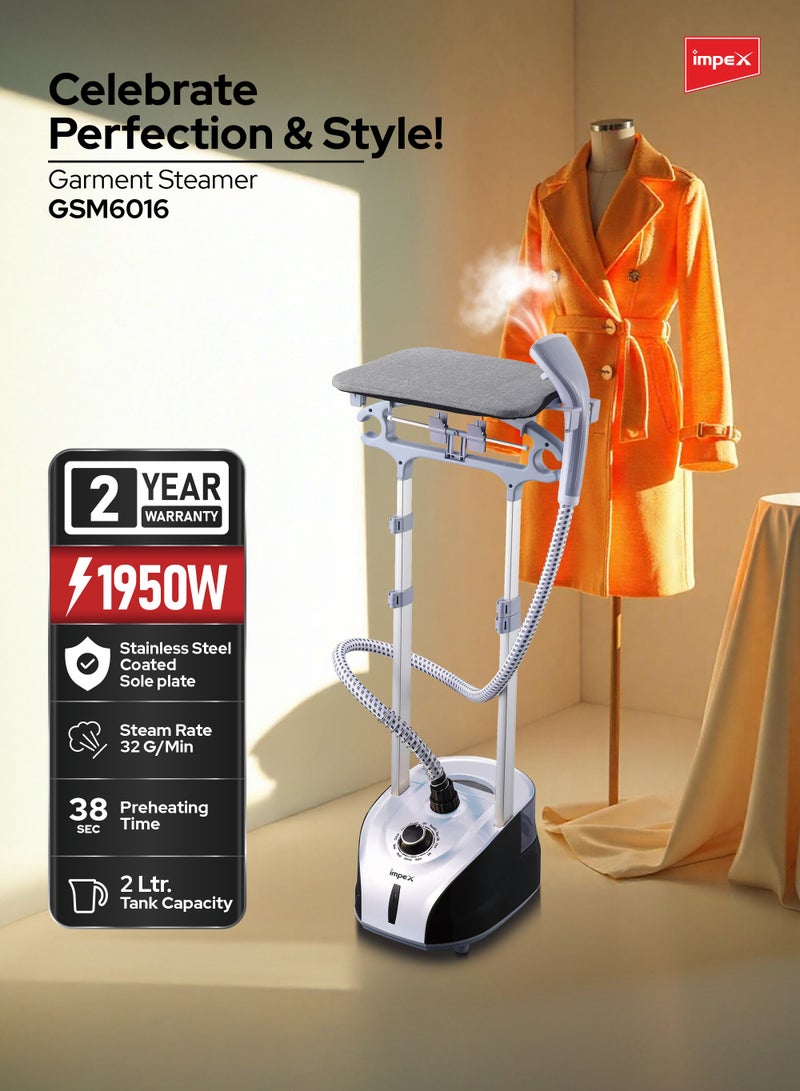 Impex Garment Steamer with Table, 2L Water Tank, 60 Min Continuous Steam, Fast 38s Heat-Up, 32g/min Steam Output, Hand Brush Included – Powerful Vertical Clothes Steamer for Home & Professional Use 2 L 1950 W GSM 6016 Black & White - Image 2