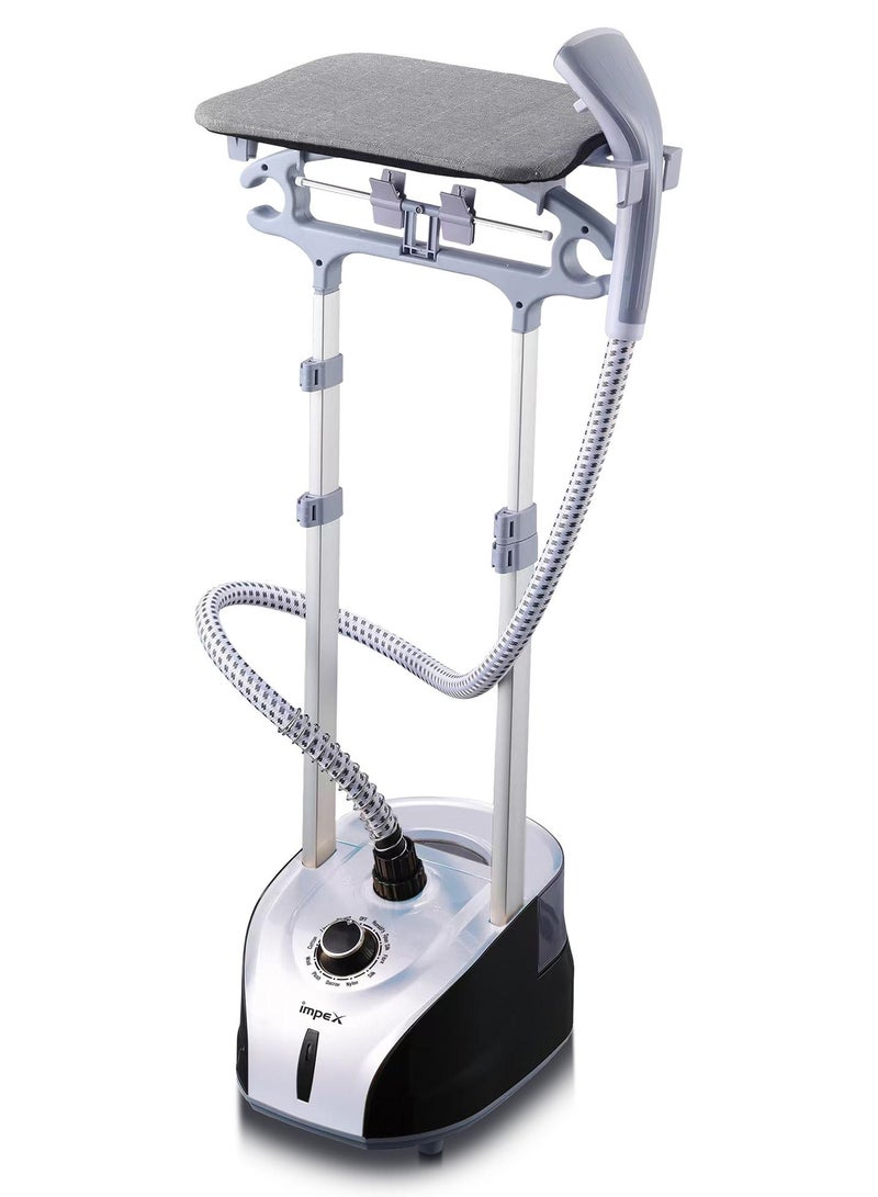 إمبكس مكواة بخار الملابس مع طاولة، خزان ماء سعة 2 لتر، بخار مستمر لمدة 60 دقيقة، تسخين سريع خلال 38 ثانية، إنتاج بخار 32 جرام/دقيقة، فرشاة يدوية مرفقة – مكواة بخار عمودية قوية للاستخدام المنزلي والمهني - Image 1