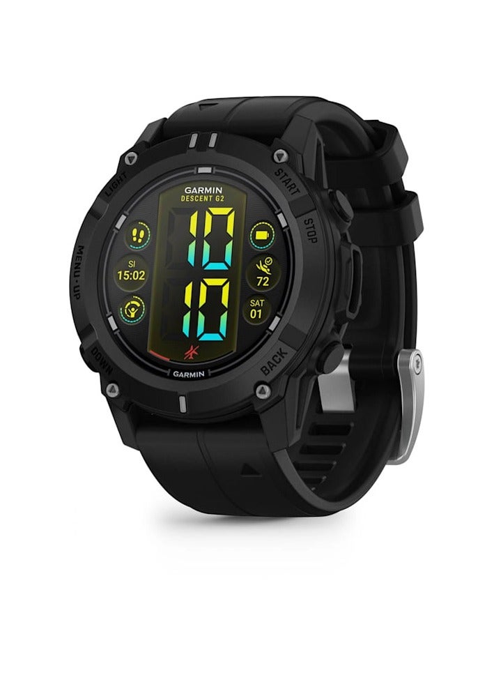 Descent G2 Dive with Silicone Band Black - 45MM - Up To 10 Days Battery Life - 1.3" inch Amoled Display , Heart Rate Monitor , All Day Stress Monitor , Advance GPS Features , Built - in GNSS and Sports App , Ios and Android Compatible Black