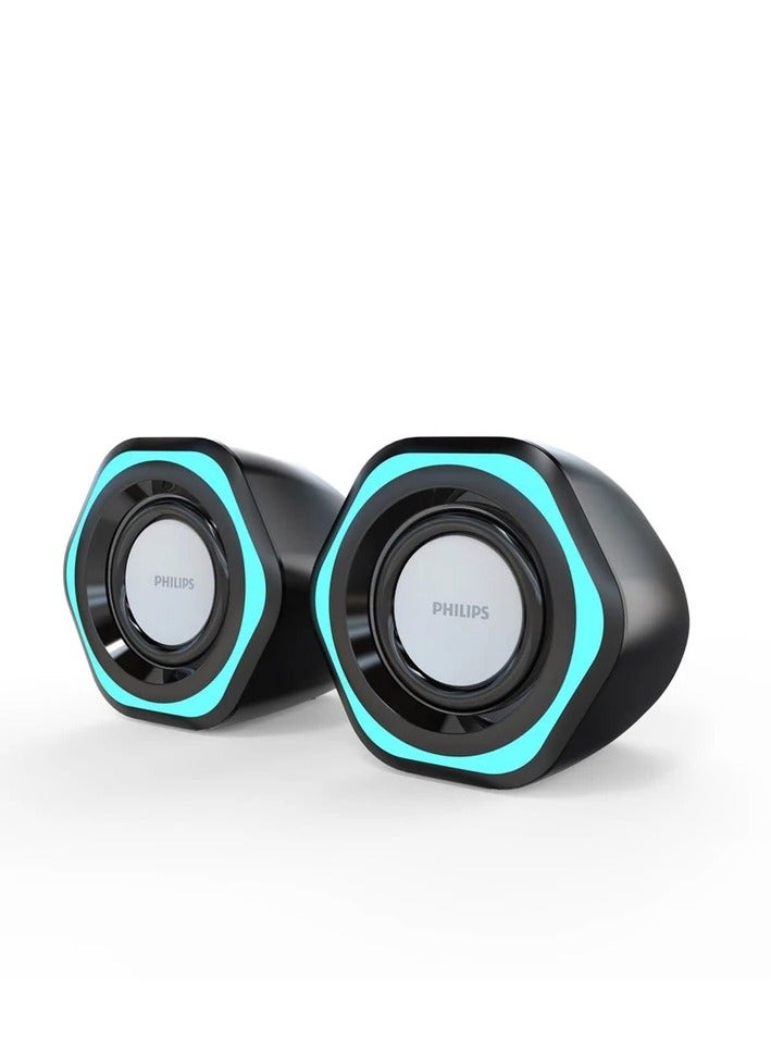 Philips Small Computer PC Speakers USB Powered 3.5mm AUX Jack Volume Control Ice-Blue LED Light HiFi Stereo Sound Quality Mini Gaming Desktop Monitors Laptops Speakers for Windows PC pad Smartphone Tablet MP3 black  - Image 1