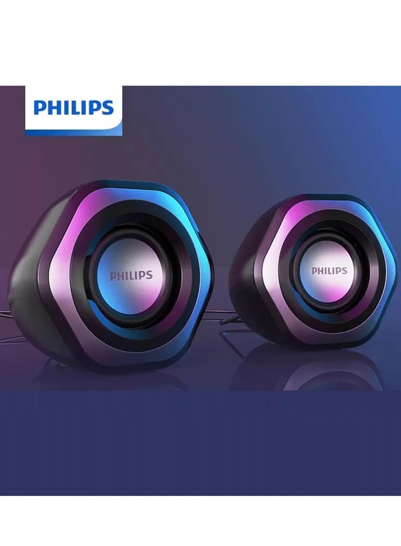 Philips Small Computer PC Speakers USB Powered 3.5mm AUX Jack Volume Control Ice-Blue LED Light HiFi Stereo Sound Quality Mini Gaming Desktop Monitors Laptops Speakers for Windows PC pad Smartphone Tablet MP3 black  - Image 2