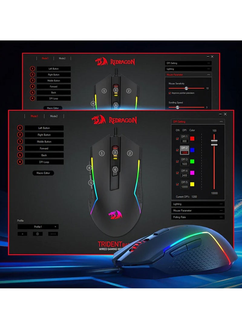 REDRAGON - Wired Gaming Mouse , TRIDENT BASIC M616 - RGB , USB Cable , 7 buttons , Max 10000 DPI Sensor responds precisely to movement Switch button , high precision sensor , ergonomic design - black - Image 1
