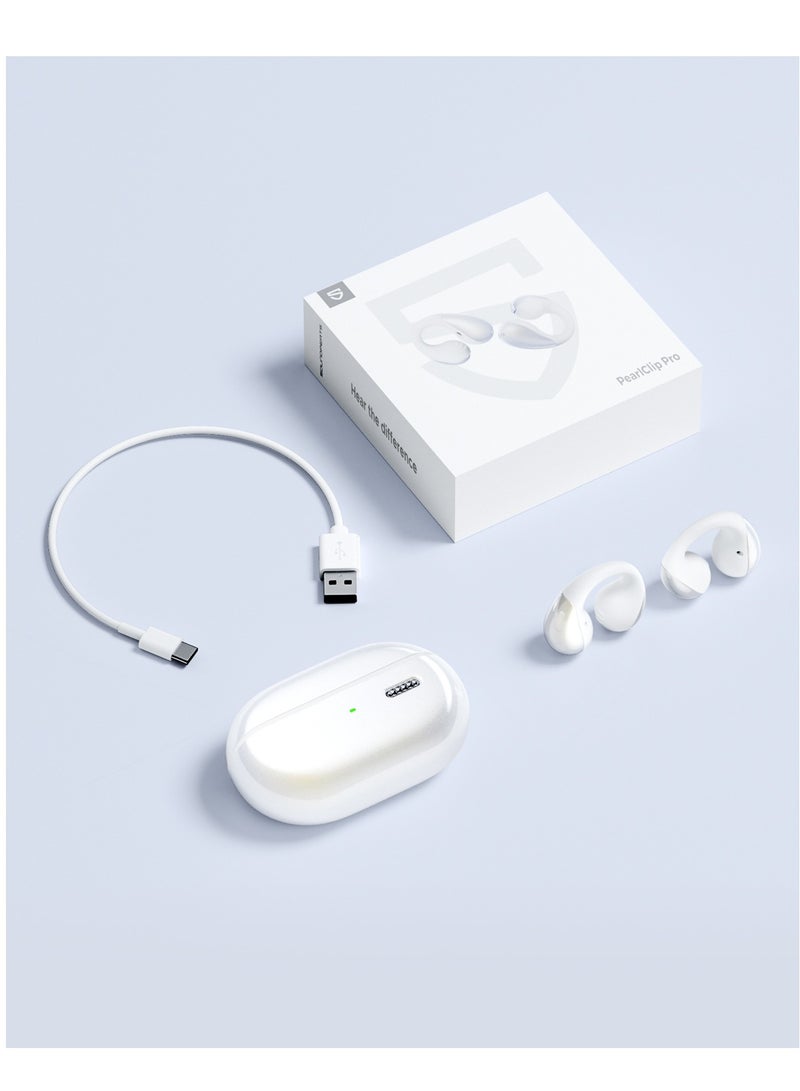 PearlClip Pro Open-Ear Earbuds, Bluetooth 5.4 Clip On Headphones, IPX5 Waterproof, Wireless Earbuds with 24 Hours Playtime, APP Control for Running/Cycling/Fitness white