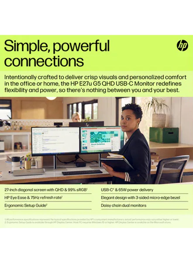 إتش بي - E27u G5 27" QHD USB-C Monitor, 2K Resolution, IPS LCD, 350 Nits Brightness, 5ms Response Time, Adjustable Height/Tilt/Swivel/Pivot, HP Eye Ease, 1x DP 1.2, 1x HDMI 1.4, 3x USB-A, 1x USB-C (65W PD), Ethernet Port, EPEAT Gold, Eco-Friendly Design | 6N4D3AS black - Image 1