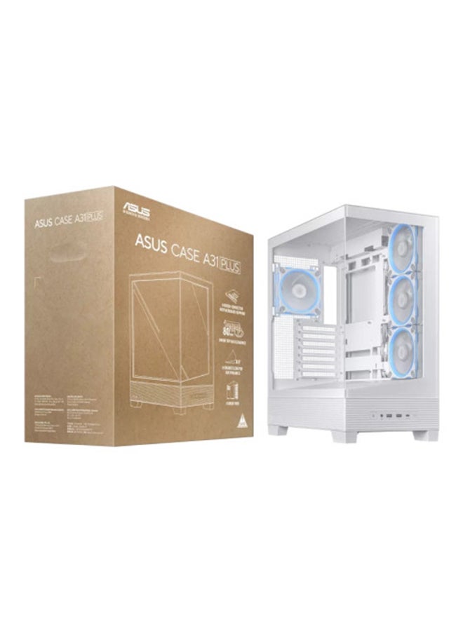 ASUS A31 PLUS ATX Mid Tower Case, BTF Motherboard Compatible, Tempered Glass Front & Side Panels, 4x Pre-Installed ARGB 120mm Fans, Supports 360mm Radiator, 2x 2.5"/3.5" Bays, 7 Expansion Slots, USB 3.2 Gen 2x2 Type-C, Dual USB 3.2 Gen1, 34mm Cable Management, Removable Dust Filters, 8° Angled Base Design for Enhanced Airflow, White | 90DC00R3-B19000  - Image 1