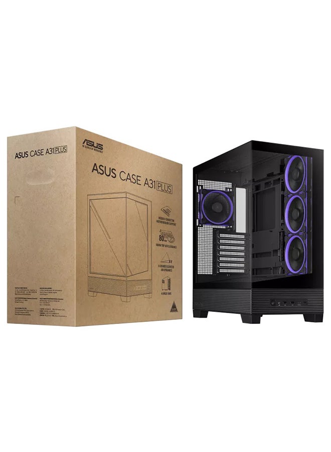 A31 PLUS ATX Mid Tower Case, BTF Motherboard Compatible, Tempered Glass Front & Side Panels, 4x Pre-Installed ARGB 120mm Fans, Supports 360mm Radiator, 2x 2.5"/3.5" Bays, 7 Expansion Slots, USB 3.2 Gen 2x2 Type-C, Dual USB 3.2 Gen1, 34mm Cable Management, Removable Dust Filters, 8° Angled Base Design for Enhanced Airflow, Black | 90DC00R0-B19000