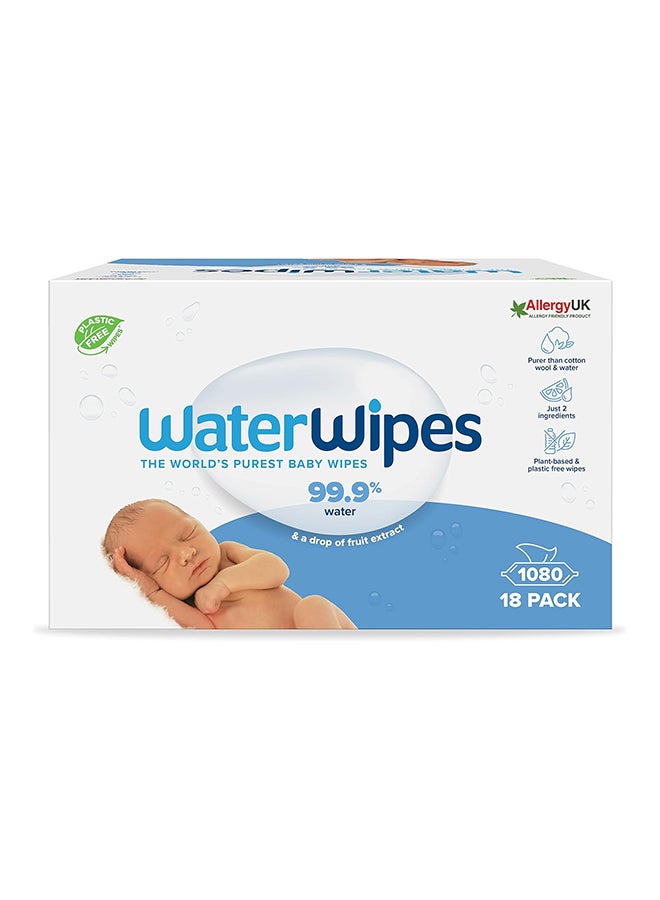 ووتر وايبس Pack Of 1080 Plastic-Free Original Baby Wipes, 99.9% Water Based Wipes, Unscented for Sensitive Skin, 18 Packs  - Image 1