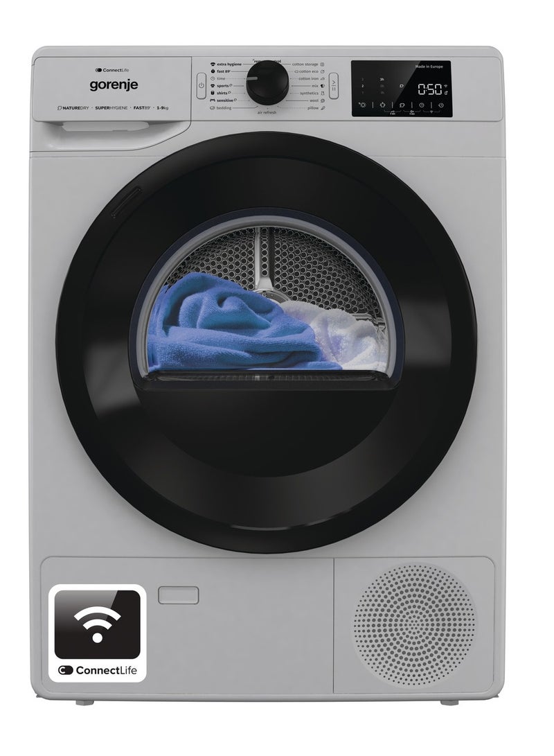 جورنجي Heat pump dryer 60cm, Drying capacity: Large drum volume 9 kg, 16 programs, WI-FI DPNE92/GNLW/A grey 