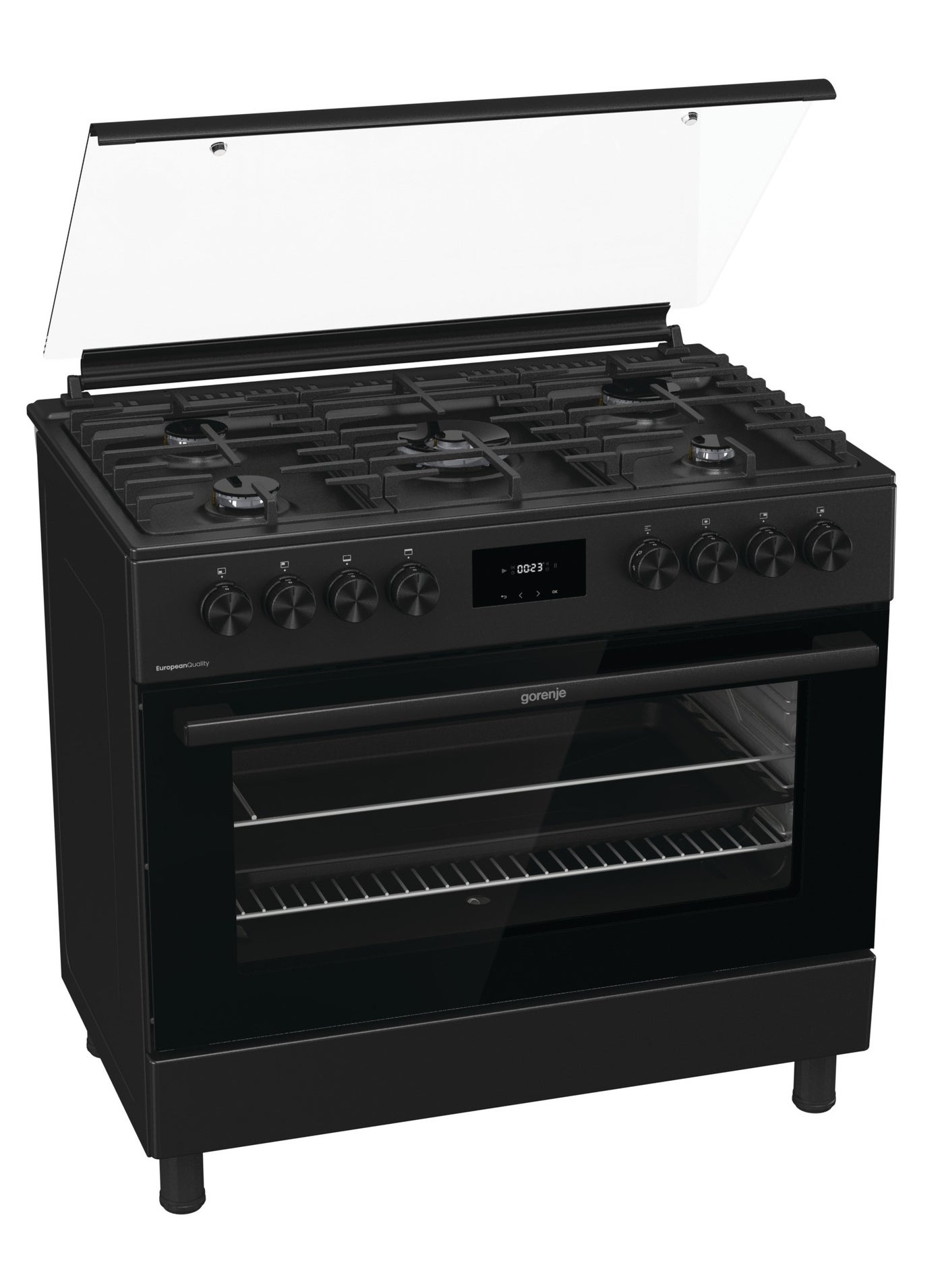 90 cm Freestanding Black Gas Cooker,5 gas burners, net capcity 92 Litres Multifunction Oven with Fan, Cast Iron Pan Support, AirFry. GGI9C20B black