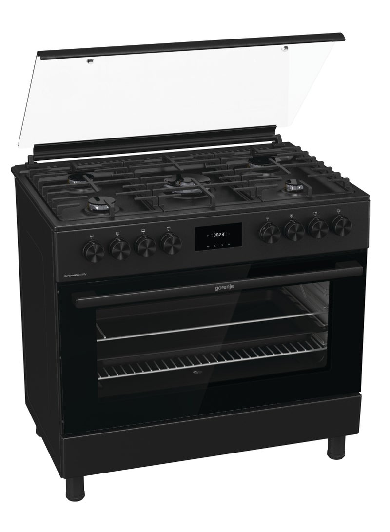 جورنجي - 90 cm Freestanding Black Gas Cooker,5 gas burners, net capcity 92 Litres Multifunction Oven with Fan, Cast Iron Pan Support, AirFry. GGI9C20B black - Image 1