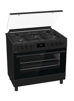 90 cm Freestanding Black Gas Cooker,5 gas burners, net capcity 92 Litres Multifunction Oven with Fan, Cast Iron Pan Support, AirFry. GGI9C20B black