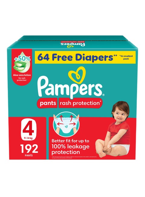 حماية من الطفح والتسرب حجم 4، 9-14 كجم حفاضات بنطلون مع لوشن الألوة فيرا صندوق توفير كبير - 192 قطعة