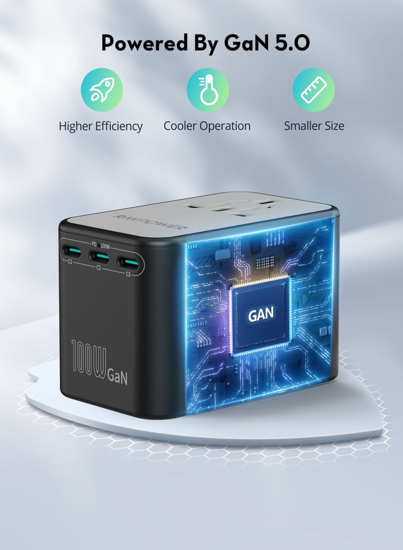RAVPOWER Travel Charger GaN 100W With 3C Port + 1A Port + 1 AC Socket Black  - Image 5