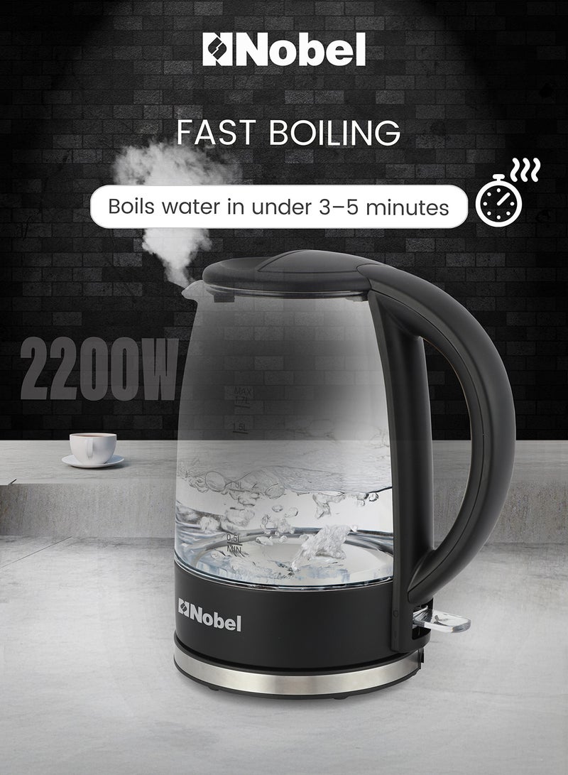 نوبل NOBEL Elegant 1.7L Glass Electric Kettle with 360° Rotation, Blue Light, and Boil-Dry Protection - NK17G 1.7 L 2200 W NK17G BLACK  - Image 5