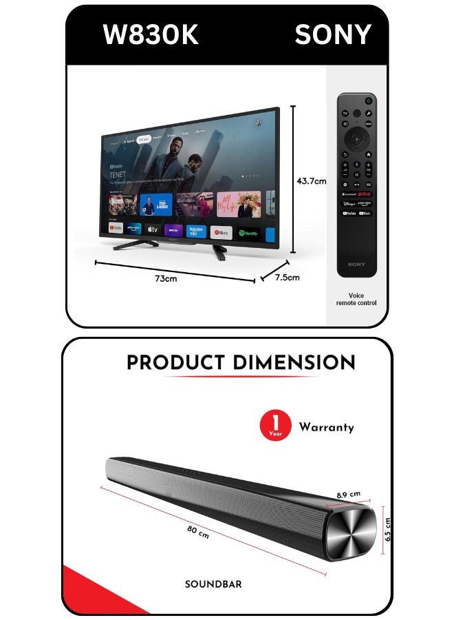 Sony Bravia 32 Inch HD Smart TV & Soundbar Bundle – 720p HD, HDR, Google TV, Alexa | Immersive 2-Channel Sound, USB, HDMI, Bluetooth & More KD-32W830K+SOUNDBAR black - Image 2