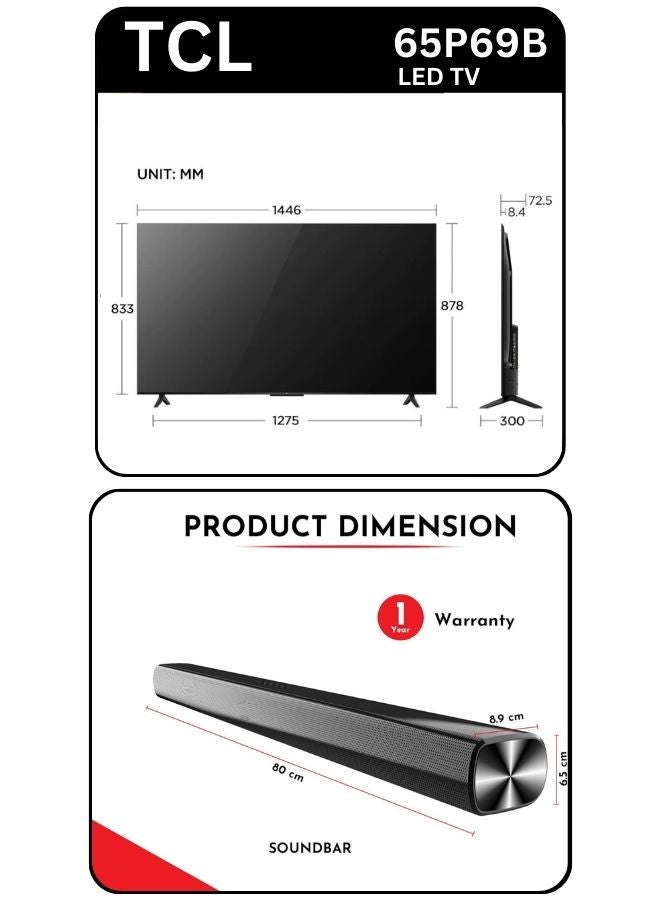 65-Inch P69B 4K UHD TV & Soundbar Bundle – HDR10, Dolby Audio, T-SCREEN, Google TV | Immersive 2-Channel Sound, USB, HDMI, Bluetooth & More 65P69B+SOUNDBAR black