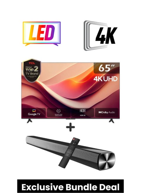 65-Inch P69B 4K UHD TV & Soundbar Bundle – HDR10, Dolby Audio, T-SCREEN, Google TV | Immersive 2-Channel Sound, USB, HDMI, Bluetooth & More 65P69B+SOUNDBAR black