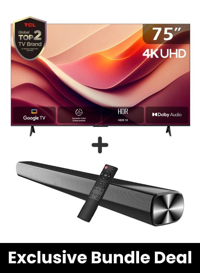 TCL 75-Inch P69B 4K UHD TV & Soundbar Bundle – HDR10, Dolby Audio, T-SCREEN, Google TV | Immersive 2-Channel Sound, USB, HDMI, Bluetooth & More 75P69B+SOUNDBAR black - Image 1
