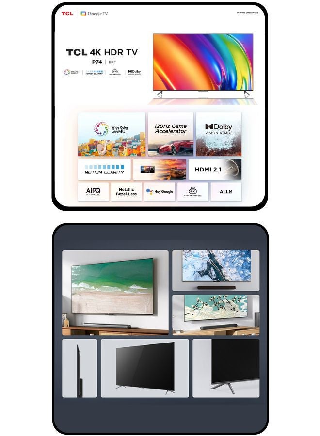 TCL - 85 Inch  4K UHD TV & Soundbar Bundle | Dolby Vision, HDR10, AiPQ Engine 3.0, 120Hz Game Accelerator |Immersive 2-Channel Sound, USB, HDMI, Bluetooth & More 85P745+SOUNDBAR black - Image 1