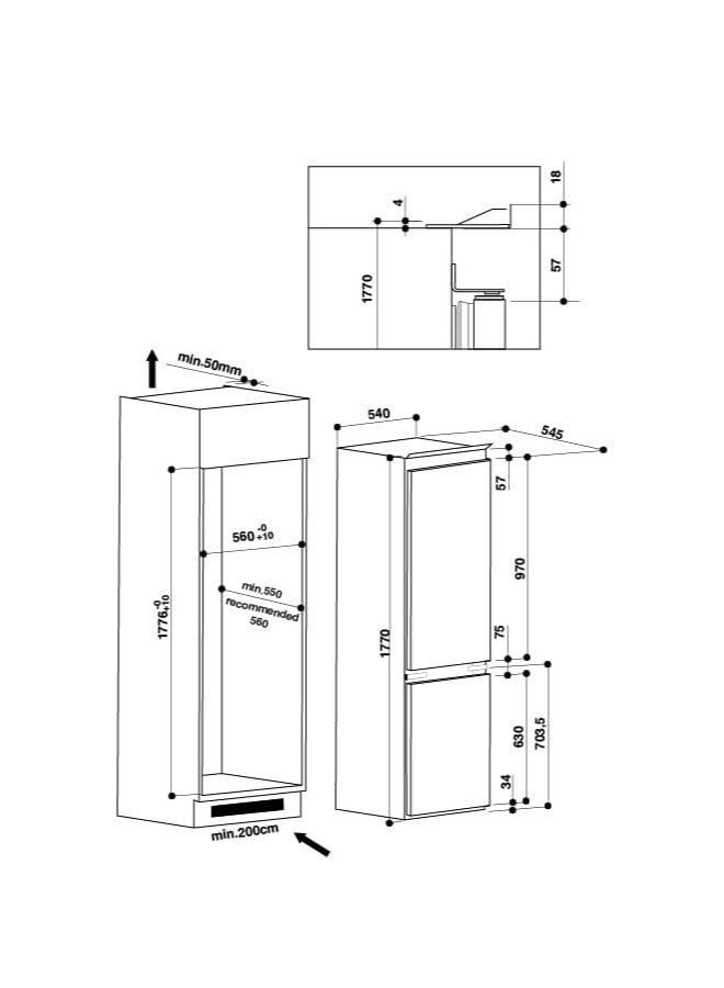 أريستون Built In Refrigerator 258 Liters, 2 Doors Fridge With Bottom Freezer & Right Reversible Door Hinge, LED Interior Light, 7 Segments Electronic Control, Made In Italy BCB7030DEX white  - Image 3