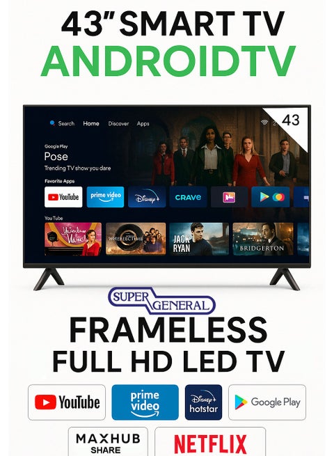 43 Inch Smart LED TV | HD 1366 x 768 Resolution | Android TV with Wi-Fi & DLNA | Quad-Core Processor | 16W Speaker Power | 2x HDMI, 2x USB | Netflix, YouTube, Shahid and MAXHUB SHARE Feature SGLED43PS12TS2 black