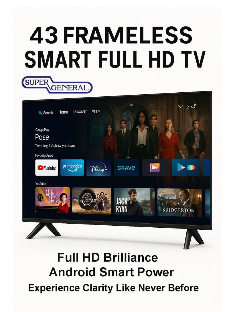 SUPER GENERAL - 43 Inch Smart LED TV | HD 1366 x 768 Resolution | Android TV with Wi-Fi & DLNA | Quad-Core Processor | 16W Speaker Power | 2x HDMI, 2x USB | Netflix, YouTube, Shahid and MAXHUB SHARE Feature SGLED43PS12TS2 black - Image 1