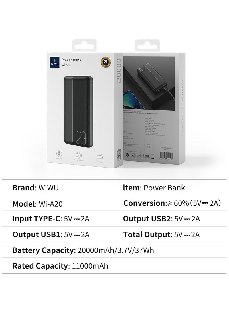 WIWU - 20000 mAh Wi-A20 battery life series mobile power bank 20000mAh 3 ports out put Black - Image 1