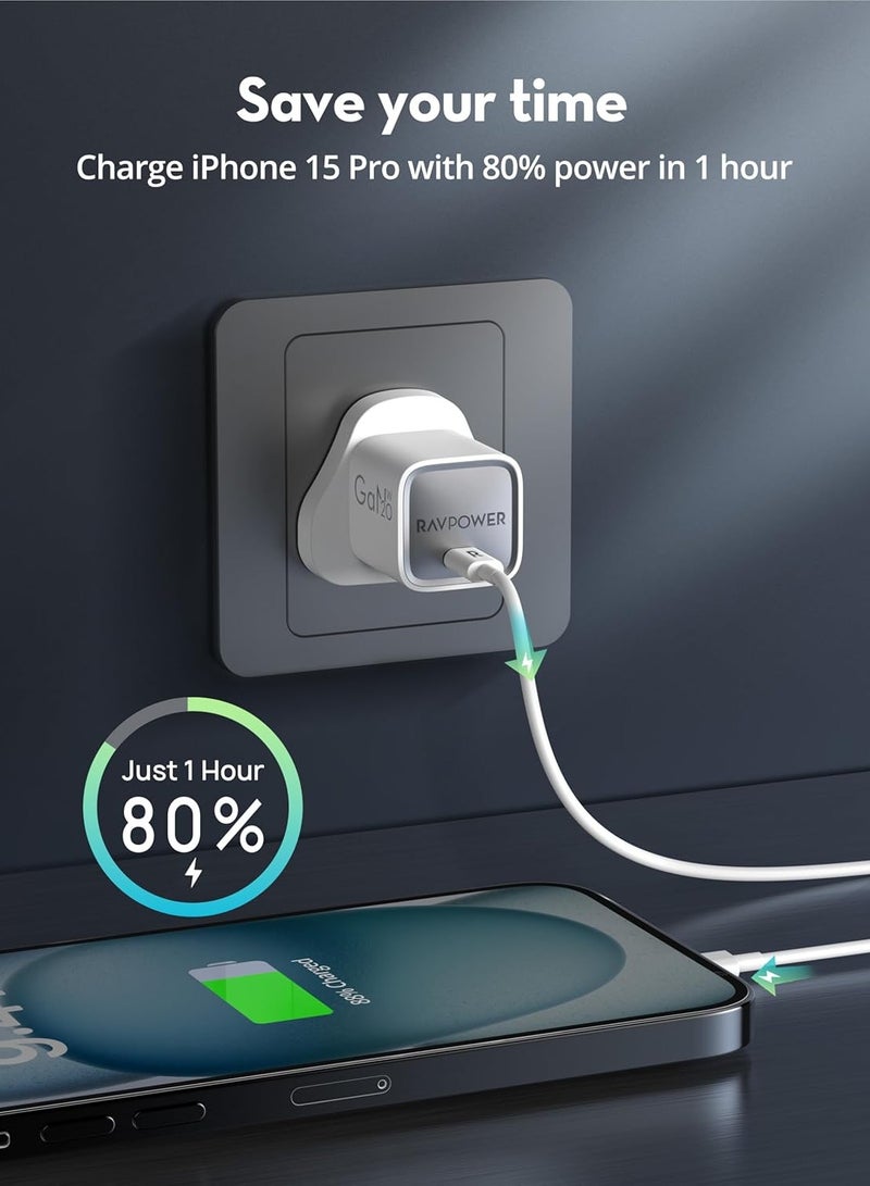 RAVPOWER RP-PC1055 GaN PD 20W USB-C Wall Charger, White|18 Months Warranty White  - Image 4