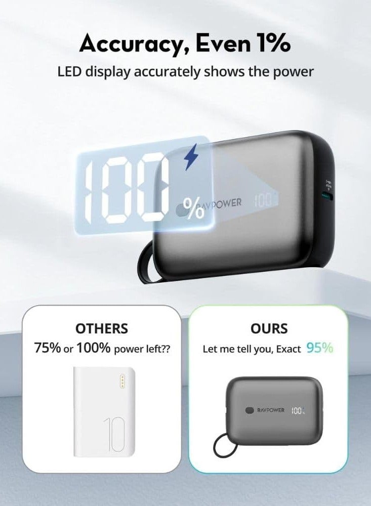 RAVPOWER 10000 mAh RP-PB1224 PD20W Power Bank Build-in Type C Cable -|18 Months Warranty Black  - Image 3