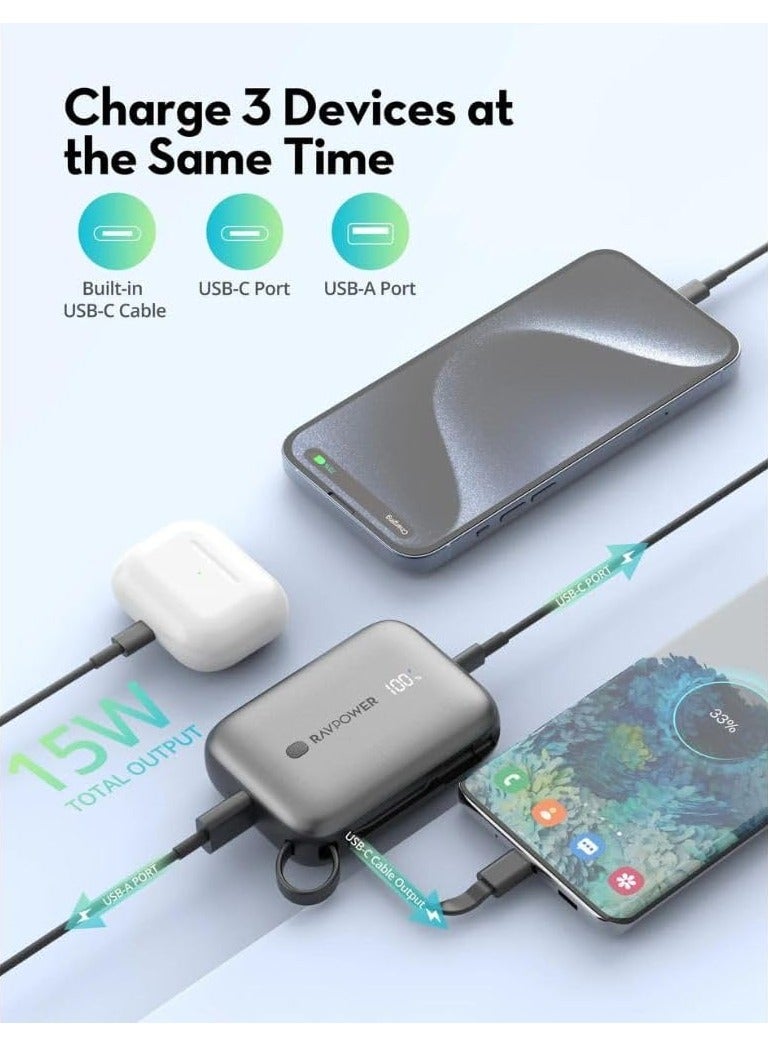 RAVPOWER 10000 mAh RP-PB1224 PD20W Power Bank Build-in Type C Cable -|18 Months Warranty Black  - Image 4
