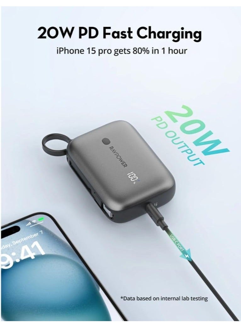 RAVPOWER 10000 mAh RP-PB1224 PD20W Power Bank Build-in Type C Cable -|18 Months Warranty Black  - Image 2